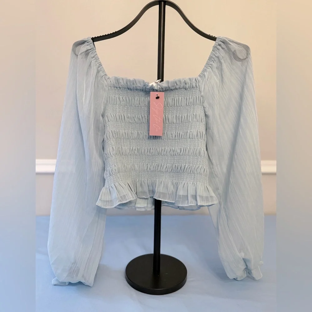 Shop the Cue Moon Mist Blue Smocked Off the Shoulder Crop Top Size Small NWT - Picture 1 of 10